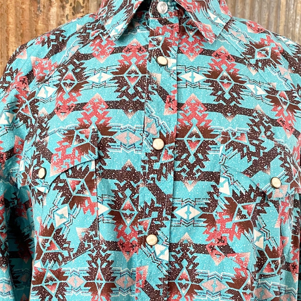 Men’s Rock & Roll Denim Modern Fit Aztec Design Pearl Snap Longsleeve Shirt - Picture 7 of 11